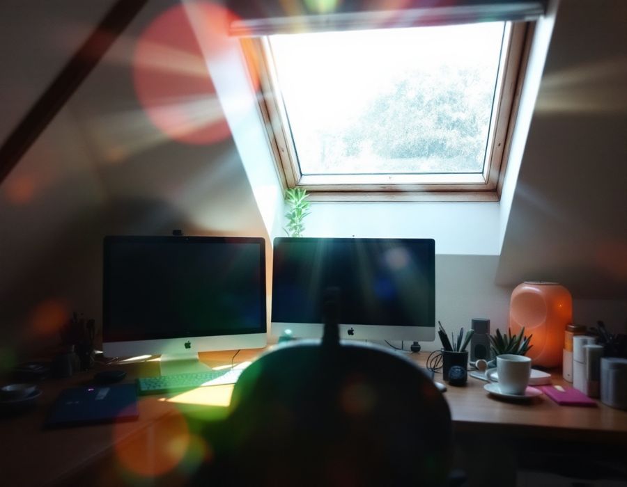 Kundenfoto (Symbolbild): Dachgeschoss-Büro mit grell blendender Sonne auf dem Schreibtisch